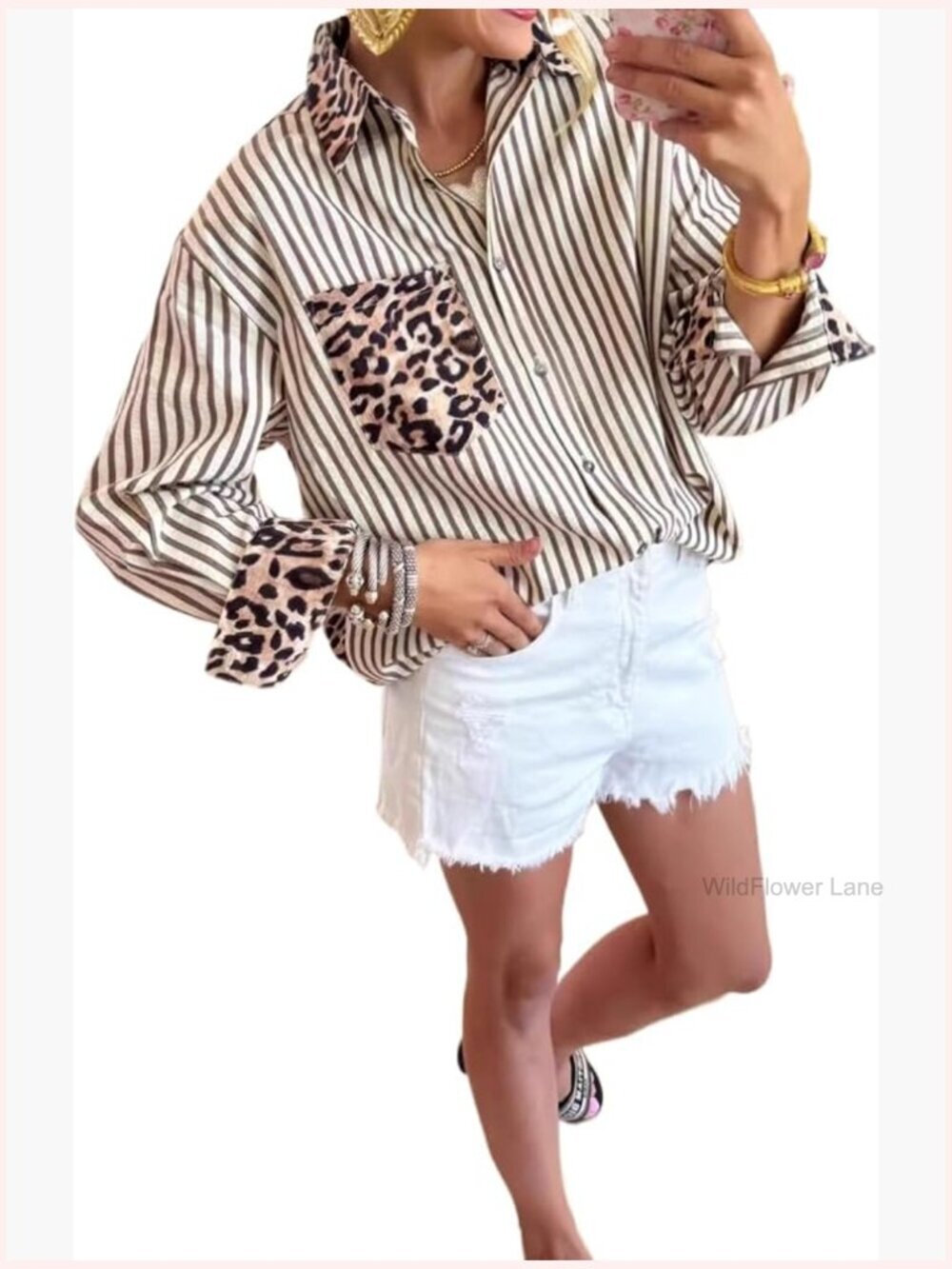 Leopard Print Striped Button Down Shirt Long Sleeve Blouse Top